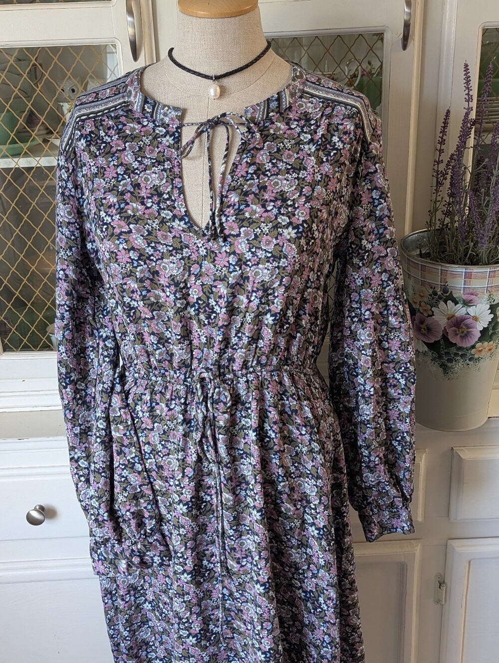 🍀🌸LB Prairie Floral Boho Long-Sleeve Midi Dress  Lavender Navy Made Festival